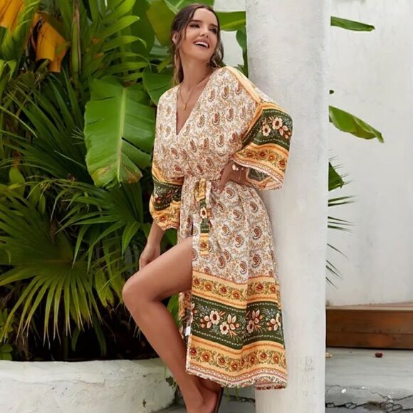 NEW! PLUS Size Boho Pattern Floral Long Belted Kimono Cover Up Beach Bohemian - Picture 5 of 7